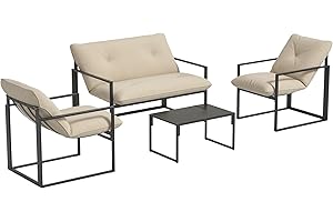 Outsunny Zestaw mebli ogrodowych dla 4 osób, stalowe, odporne na warunki atmosferyczne, zestaw mebli balkonowych z 2-częściową sofą, fotel, stół szklany, poduszka do siedzenia, meble tarasowe, zestaw