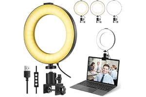 MACTREM Aro de Luz LED para Portátil con Clip, portabilidad Ring Light,3 Modos Color Ajuste de Brillo 10 Niveles para Selfie, Vlog, Maquillaje, Transmisión en Vivo, Grabación de Video - 6"