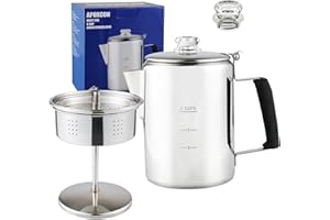 APOXCON Stainless Steel Coffee Percolator Stove Top Coffee Maker with Heat Resistant Tough Glass Lid and Silica Handle, Camping Coffee Pot Using on Campfire - 9 Cups
