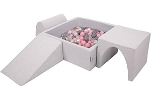 KiddyMoon Spielplatz Aus Schaumstoff Mit Quadrat Bällebad (200 Bälle) Ballgruben Für Babys Spielbad Hindernisläufen, Hergestellt In Der EU, Hellgrau:Perle/Grau/Transparent/Puderrosa