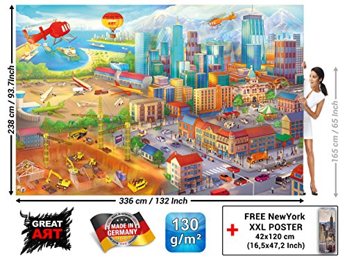 Fototapete Kinderzimmer comic style – Wandbild Dekoration Wimmelbild Großstadt Baustelle Hubschrauber Flugzeug Bagger Flughafen | Foto-Tapete Wandtapete Fotoposter Wanddeko by GREAT ART (336 x 238 cm) - 3