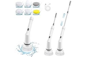 LMYSUFI Brosse de nettoyage électrique, 2 vitesses réglable 400 tr/min, avec manche télescopique réglable et 6 têtes de brosse