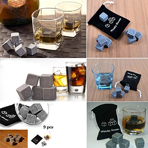 9er Set Whiskey Eis Steine Getränkekühler Speckstein Würfel mit Flanell Taschen - 3