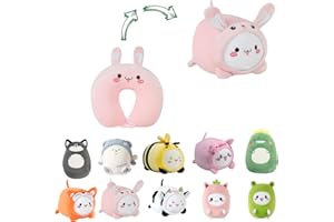 JOYRAVO Dziecięca poduszka podróżna 2 w 1, odkształcalna poduszka pod kark, miękka poduszka w kształcie litery U z uroczymi pluszowymi zabawkami, przytulny towarzysz spania i zabawy w samolotach i w