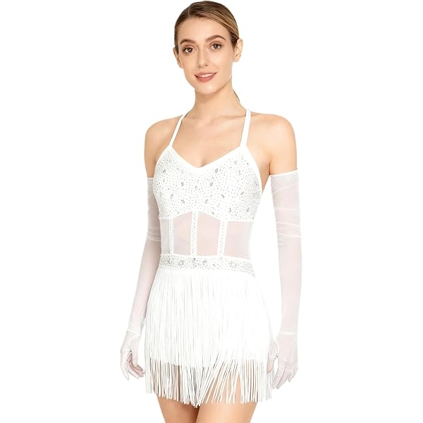 Abito Da Ballo Latinoamericano Con Guanti E Frange – Body In Poliestere/spandex Con Strass, Taglie S-XXL