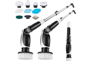 Fixm Elektrische Reinigungsbürste, Electric Cleaning Brush mit ausziehbarem langem Griff und 4 verstellbaren Winkeln für Bad, Dusche, Wanne, Fliesen und Böden, 11 austauschbare Bürstenköpfe