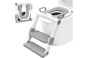WOLTU Réducteur de Toilette pour Enfant avec Escabeau Pliable et Portable, Siège WC d'Apprentissage de la Propreté, Sans Montage, Marches Réglables en 2 Hauteurs, Coussinet Doux, Blanc + Gris
