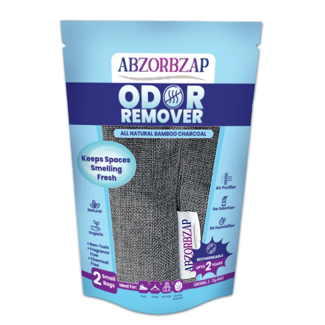 Abzorbzap Odor Remover | Natural Air Purifier (Activated Bamboo Charcoal) | Odor Remover for closets, luggage, pet areas and 