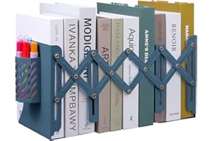 Expandable Metal Bookends, MSDADA Adjustable Book Ends Heavy Duty Book Holder with Detachable Pen Container, Non-Skid Desk Organizer for Kids Student Home Office School Bookshelf Book Storage(Blue)
