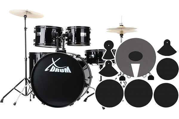 XDrum Rookie Set Batterie Drumset Noir (22" BD, 10",12",14" TT,14" SD, cymbales d'entraînement Hi-Hat 14", Crash-Ride 16", incluant école et set de sourdines)
