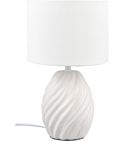 Licht-Erlebnisse XL Tischleuchte Aus Glas & Stoff – Weiß, H:54 Cm, E27, Mit Kabelschalter Für Wohn- & Schlafzimmer
