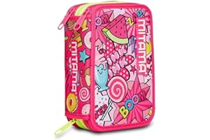 Mitama Astuccio Scuola 3 Scomparti - TRIPLO CANDY BOOM, Rosa - Contenuto 47 pz - Completo di Matite, Pennarelli etc..- Portapenne Scuola Elementare Bambini - Impermeabile