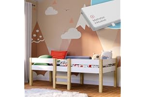 ‎BELLABINO Bellabino Aspy Kinderbett 90x200 cm – Hochbett mit Matratze, Rausfallschutz & Lattenrost – Halbhochbett mit Leiter aus Kiefer Massivholz in Weiß/Natur – Jugendbett für Jungen und Mädchen