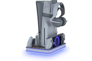 HEATFUN PS5 Stand and Cooling Station with RGB LED Controller Charger for PlayStation 5, PS5 Controller Charger for Dual Sense & Edge Controller and PS Portal, PS5 / PS5 Slim / PS5 Pro Accessories Grey