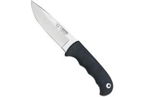 Cudeman Cuchillo 147-H Hoja de Acero Inoxidable MoVa 1.4116 de 11 cm empuñadura de Caucho Negro de 11,5 cm para Caza, Pesca, Supervivencia y bushcraft + Portabotellas Regalo