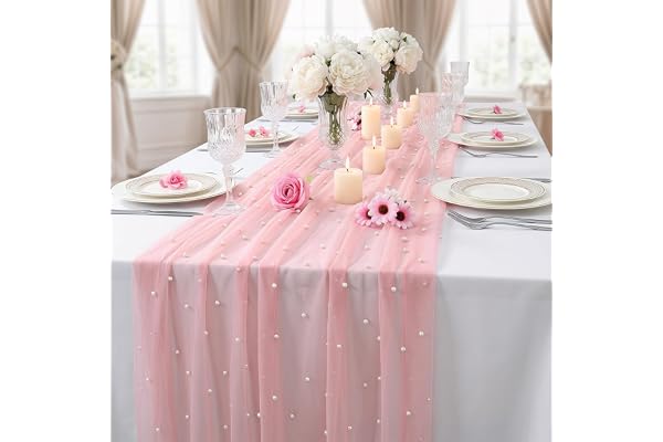 Bordslöpare rosa, 80 x 300 cm bordslöpare tyll med pärlor, ostduk bordsduk spets pärlor tylltyg bordsband för bröllop brudfest födelsedagar fest kök bordsdekoration