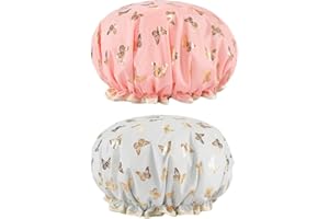 Belegao 2pcs Bath Caps with Elastic Band - Double Layers Shower Cap Waterproof Oilproof Ruffled Covering Ears 27cm Wide Cute Printed for Adults and Kids