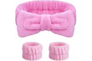 AOMIG Fascia Capelli Donna Trucco, 3 Pz Fascia Capelli Spugna Fascia Spa con Braccialetto per il Trucco, Fasce Capelli Trucco Fiocco Fascia Doccia Capelli per Lavaggio Viso, Doccia, Terme(Rosa)