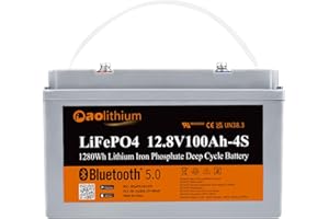 AOLITHIUM 100ah Lithium Battery 12 Volt LiFePO4 Battery with Free Bluetooth APP, Deep Cycle Battery and Built-in BMS Make Battery Safer Perfect for RV Camper Marine Kayak Boat Trolling Motor Solar-4S