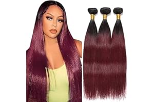 Jucames Extension Capelli Veri Umani Straight Human Hair Bundles Tessitura 100% Unprocessed Virgin Remy Brasiliano Double Weft Extensions Colore Ombre Black to Burgundy for Woman 16 18 20 Inch