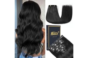 HotLulana extensión de clip pelo humano, 7 unidades, 35 cm, color negro azabache, invisibles, 80 g, extensiones naturales Remy