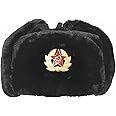 Soviet Style Winter Hat | Faux Fur Ushanka Cossack Hat with Ear Flaps & Decorative Military Pin | Mens Russian Trapper Ski Hat Perfect for Long, Cold Winter Nights One Size-58/60cm