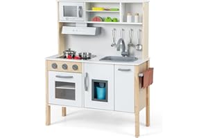 COSTWAY Kinderküche Spielküche inkl. 18 Zubehör, Kinder Küche Holz mit Spüle Mikrowelle Eismaschine Backofen, Spielzeugküche Holzküche für Kinder ab 2 Jahre (Weiß)