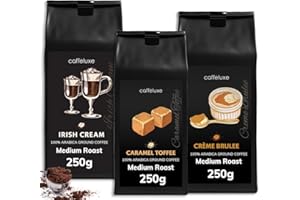 CAFFÉLUXE Caffeluxe - Medium Roast Flavoured Ground Coffee Beans -100% Arabica Beans - Filter Coffee - Natural Flavouring Irish Cream, Caramel Toffee & Creme Brûlée - 3x 250g Per Bag