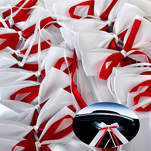 30 x Antennenschleifen Weiss & Rot Autoschmuck Autoschleifen Hochzeit Party