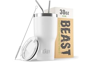 GREENS STEEL BEAST Termo Café para Llevar - 900ml I Blanco Ártico I Taza Térmica de Acero Inoxidable Reusable I Taza Viajera de Doble Pared al Vacío I 2 Pajitas y Cepillo de Limpieza I para Café Frío o Caliente