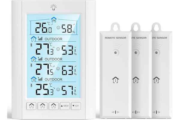 LIORQUE Estacion Meteorologica Interior Exterior, Termómetro Higrómetro con 3 Sensor Exterior, Pantalla LCD Retroiluminada, Conmutable ℃/℉, Indicador de Nivel de Confort