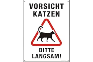 ‎GOODVIA Goodvia XXL Vorsicht Katzen Schild 40 x 30 cm mit Vorgebohrten Löchern Kunststoff Schild Bitte Langsam Fahren Schild Groß Warnschild mit UV Schutz für Außenbereich Innenbereich