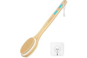 Metene Back Scrubber for Shower, Shower Brush for Exfoliating Skin and A Soft Scrub, Double-sided Body Brush Head for Wet or Dry Brushing, Long Wooden Handle Cleans the Body Easily