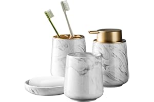 Gelory Bathroom Accessories Set 4 Pcs, Ceramic Foaming Soap Dispenser Bathroom Sets Marble Look Bathroom Vanity Countertop Accessory Set, Soap Bottle/Toothbrush Holder/Tumbler/Soap Dish (Grey)