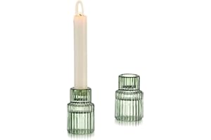 Glasseam Glass Candle Holder Green: Candlestick Holders Set of 2 Taper Candle Holder Small Candle Holders for Candlestick Candles Ribbed Candle Stick Holder for Table Wedding Centrepiece Christmas