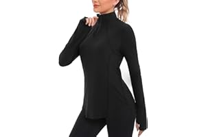 Crewhpo Maglia Sportiva Donna Manica Lunga Magliette Sportive Traspirante con Cerniera 1/4 Maglietta da Corsa con Pollice Foro Maglia Running Aperture per i Pollici per Yoga Fitness Palestra S-XXL