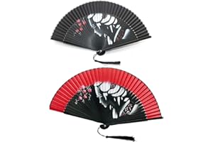 1SourceTek 2Pcs Silk Hand Held Folding Fans 8.27 inches (21cm) Hand Fans for Women Folding With a Fabric Sleeve Protection for Gifts - Chinese Retro Style (Black + Red Plum Girl)