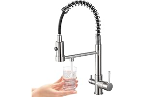 MOGFCT Robinet de cuisine 3 voies, robinet de cuisine extensible, robinet d'évier en laiton, robinet de mélange 3 en 1 pour filtre à eau (Nickel brossé)