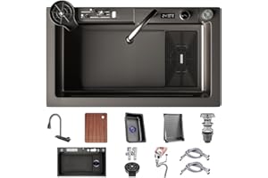 OMGMTSTORE 75x45cm Lavandino Cucina Con portacoltelli,Lavello Cucina 1 Vasca in Acciaio Inox Antracite Nero,Con LED rubinetto estraibile,Dispenser Sapone,ricambio interno,tagliere,Scarico quadrato
