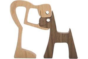 HUANRU Neueste Holzfiguren Skulptur Ornamente Set, abstrakte Stil Menschen mit Hund Statue, Freundschaft Zwischen Hund Und Menschen Denkmäler Statue Für Männer Frauen Jungen Mädchen Alte Leute