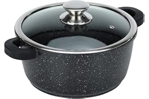 Kamberg - Marmite Faitout 24 cm - Fonte d'Aluminium - Revêtement Type Pierre - Couvercle en Verre - Tous Feux dont Induction 