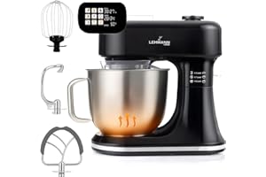 LEHMANN Robot Pâtissier Multifonction avec Écran, Bol 5L avec Fonction Fermentation et Chauffage, 12 Vitesses, Balance Intégrée, Minuterie, 3 Mélangeurs - Fouet, Batteur, Crochet, Noir