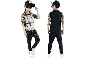 LOLANTA Enfant Paillettes Costumes de Danse Rétro Hip Hop Tenue Sequin Enfant Disco Vêtements Brillant Top & Pantalon, Or/Argent/Noir/Rouge