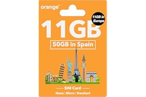 SAFFRUFF Orange Europe Prepaid SIM Card - 11GB Internet Data in 4G/LTE + 400 Mins Call in Europe, 50GB + 400 Mins Calls in Spain, Europe SIM Card for 28 Days, Supported Hotspot, Standard/Micro/Nano