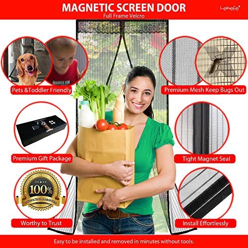 Lebefe Updated Magnetic Screen Door Sew-in Magnets Full Frame Velcro Reinforced Black (Fits Door Up To 38" x 82"(96cmx208cm) MAX)