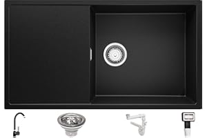 Lavandino da Cucina Nero 90x50cm, Lavello da Cucina a 1 vasca + Sifone Classico + Rubinetto, Lavabo da Cucina Incasso al mobile 60cm - Ibiza di Primagran