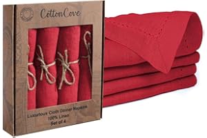 CottonCove 100% Linen Hemstitch Cloth Dinner Napkins - Soft Durable Washable - Ideal for Farmhouse Parties Wedding Holidays Christmas - Perfect Everyday Use Set of 4 Table Cloth Napkins 46x46 cm Red