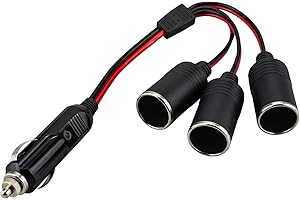 Leehitech 0.2M 12V/24V Car Cigarette Lighter Splitter Cable 16AWG 1 to 3 Port Cigarette Lighter Male Plug To Socket 3-Way Power Lighter Cable Built-in 15A Fuse for Car, Tractor,Boat,Tire Inflator