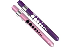ALMOCN Paquete de 2 bolígrafos de luz LED reutilizable para enfermera, luz blanca con indicador de pupila y regla, oro rosa y morado