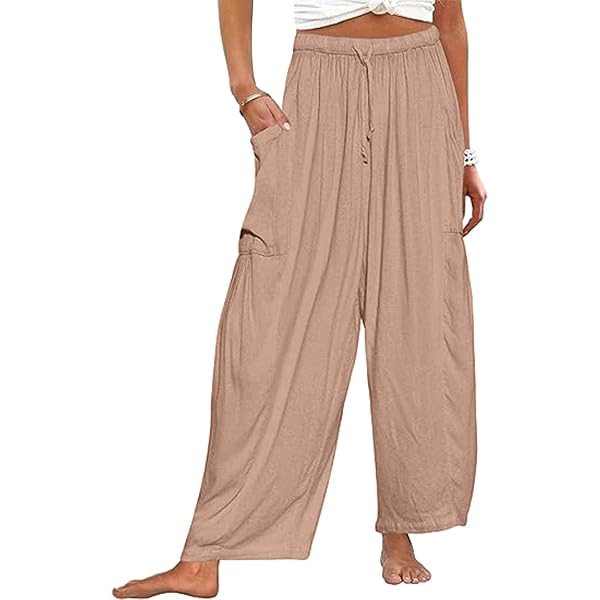 Pantalon Femme été 7/8 En Coton-lin - Coupe Large élastiquée Avec Poches - Décontracté Plage Yoga